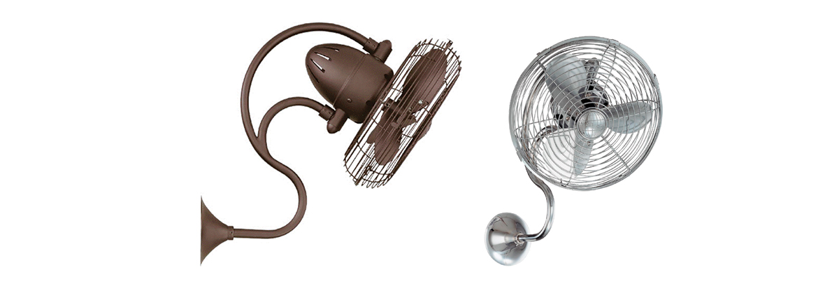 From top: the Kaye and Melody wall-mounted fans