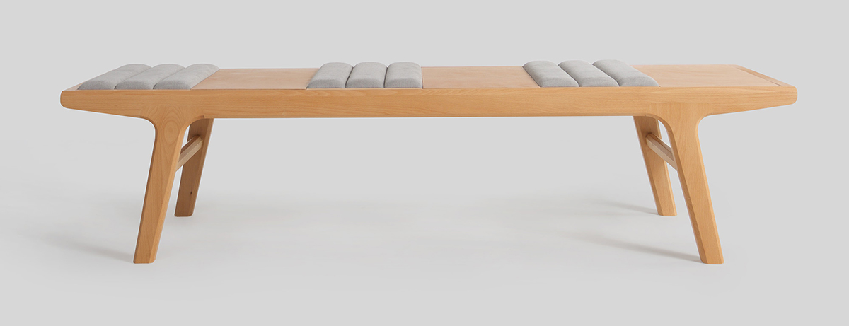 Sean’s Reverso bench for his furniture collection is inspired by the mid-century style he admires. 