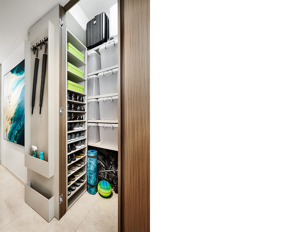 Store bulkier household appliances and belongings at the bottom shelf for easier access.