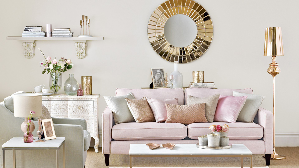 Rose Gold Living Room With Rustic Accents