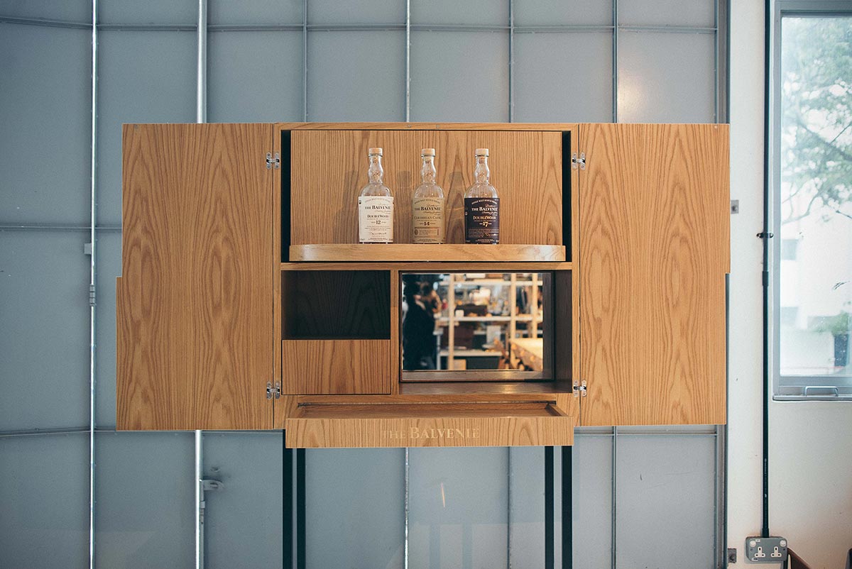 A bespoke liquor cabinet with the additional function of a serving station created for The Belvenie Connoisseurs of Craft