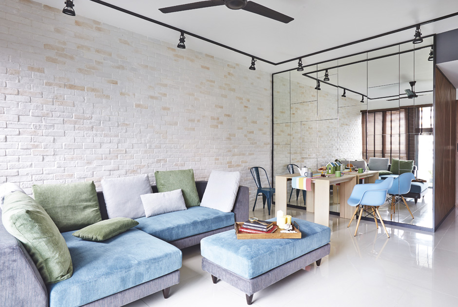 Fuse Concept Hall living room white brick walls large mirror blue sofa yishun