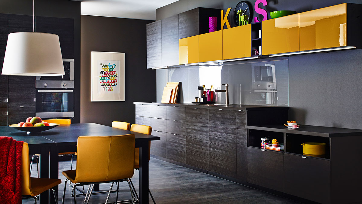 squarerooms yellow dark black grey kitchen glossy cabinets