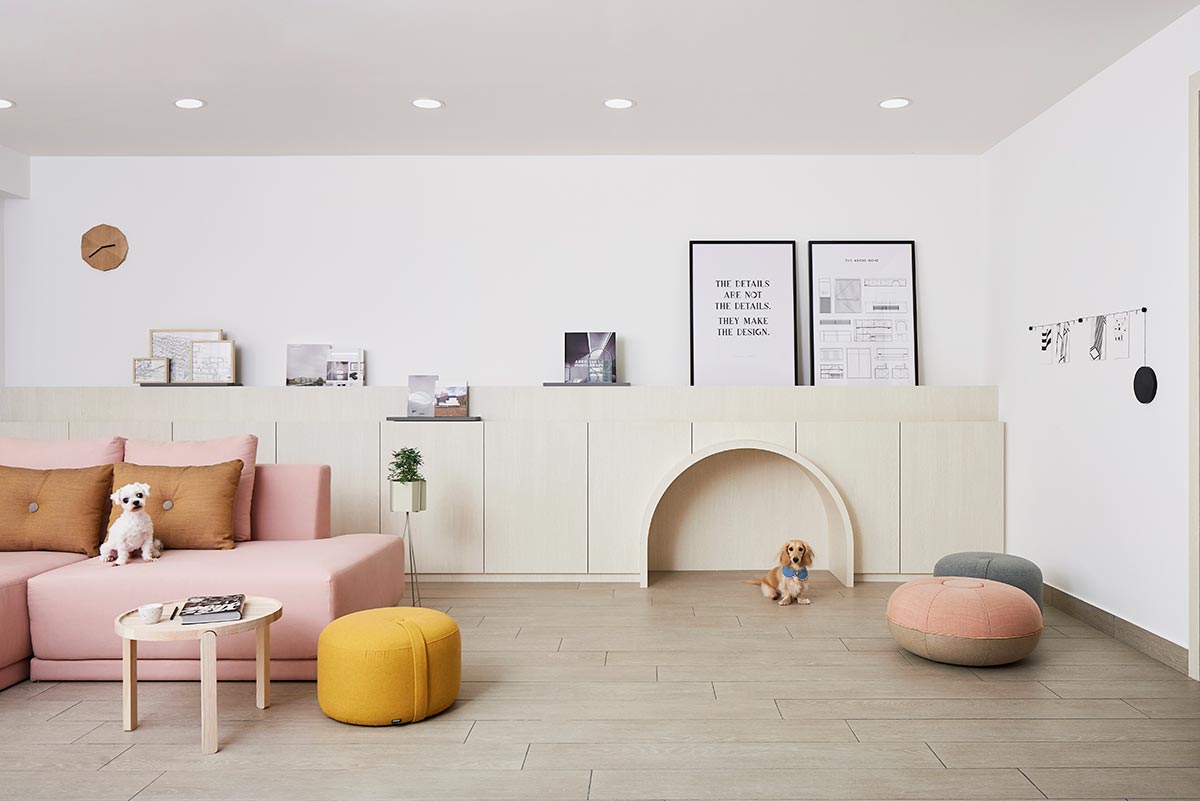 SquareRooms-Pet-Friendly-Home-studio fortyfour scandi cosy cute pink cream dog living room
