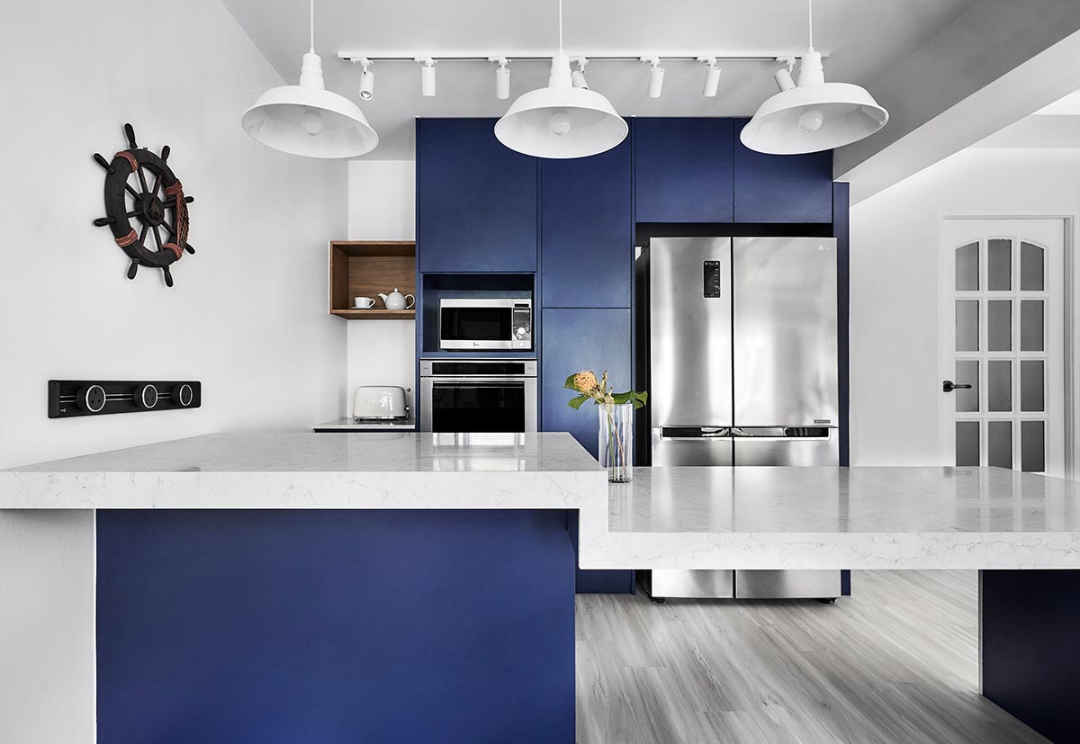 SquareRooms-Kitchen-Focal-Point-Bold-Cabinets-2 icon interior dark blue cabinets white beach sailor themed