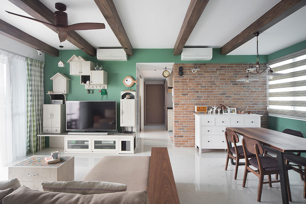 squarerooms-prozfile-interior-designer-singapore-home-living-room-view-pastel-green-wall-wooden-beams