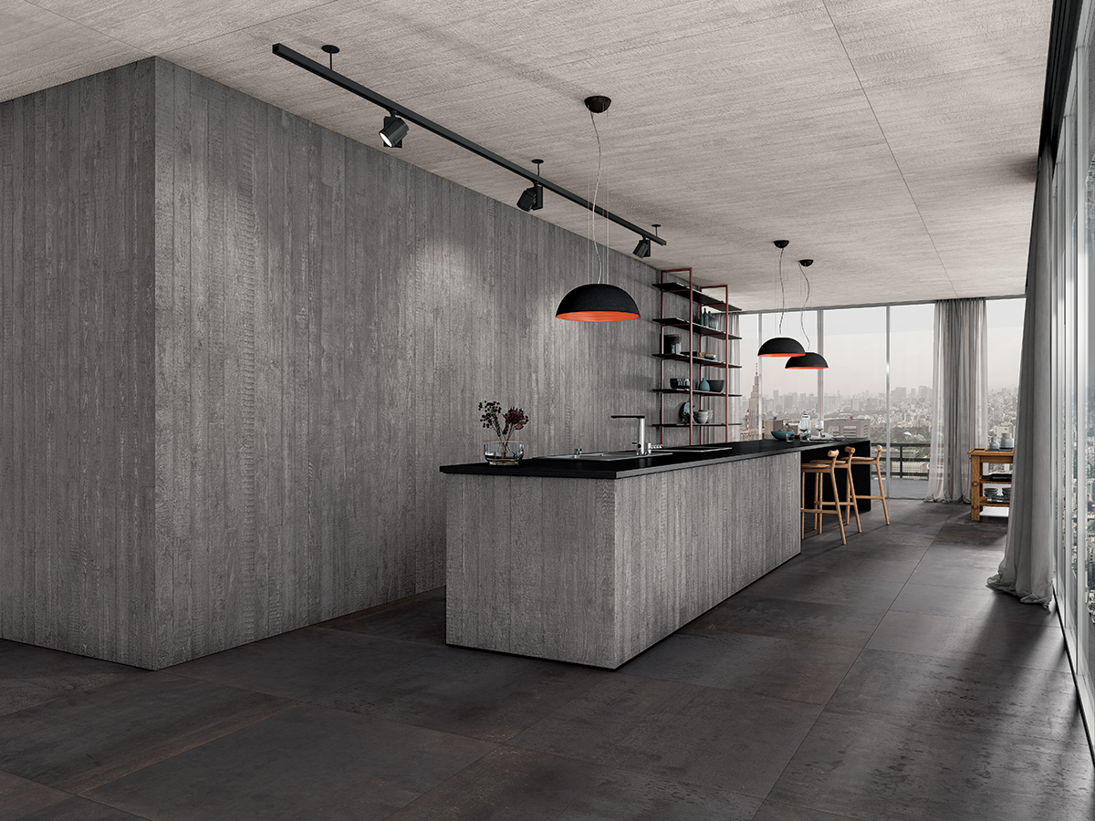 squarerooms-grey-cement-monochromatic-basement-kitchen-red-lamp-moody-dark