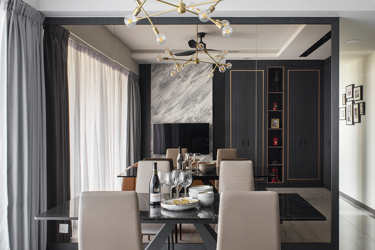 squarerooms versaform luxurious dark timeless condo unit renovation dining room luxury marble glass chandelier