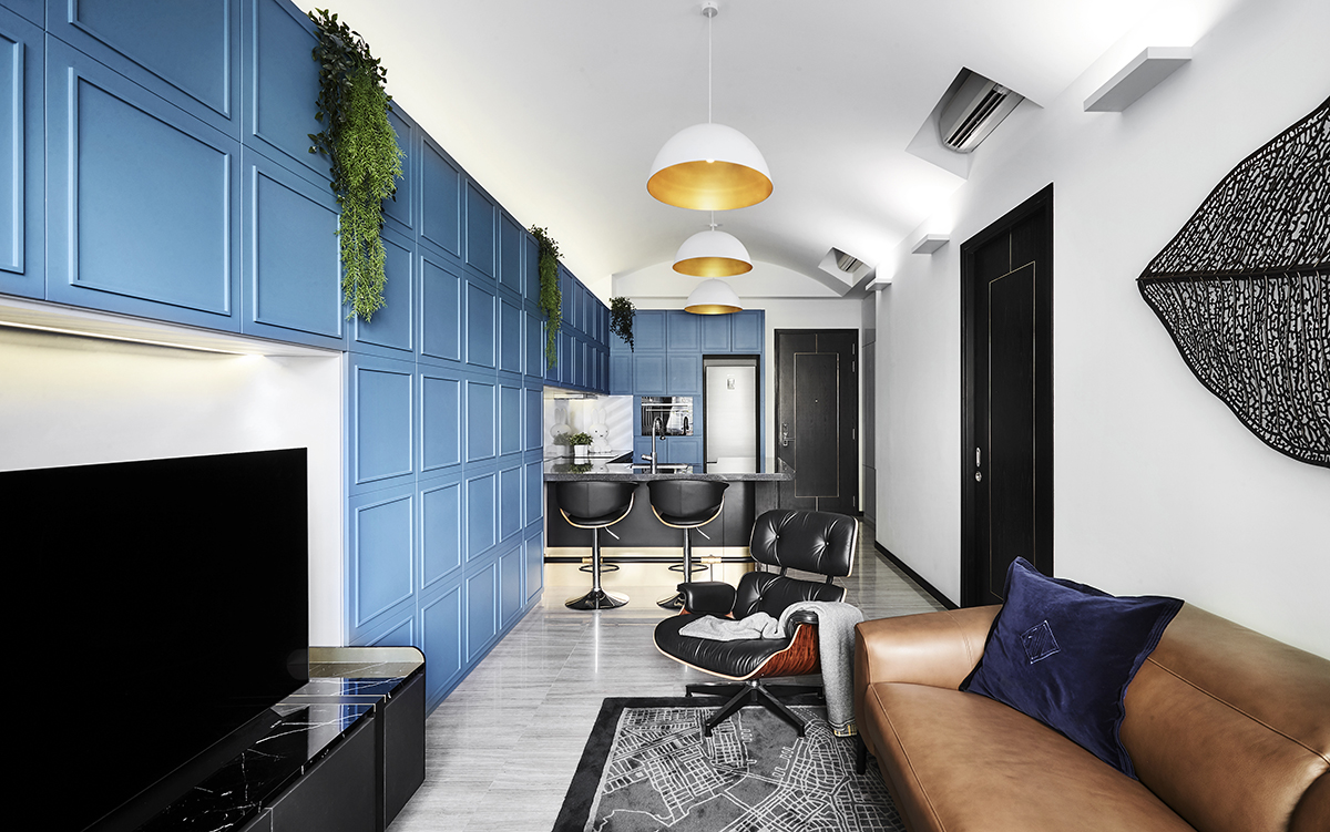 squarerooms akihaus blue contemporary interior design condo renovation living room feature wall kitchen bar counter