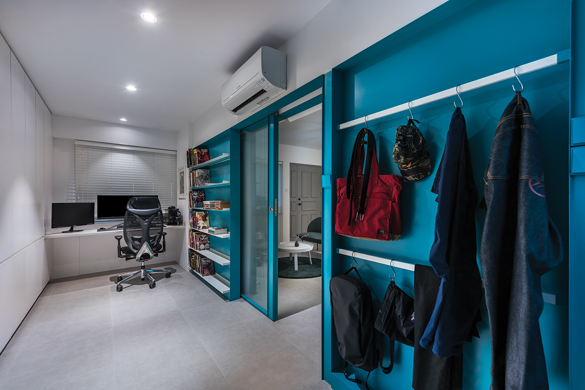 squarerooms artistroom 3 room hdb flat resale renovation urban edge colour space interior design wardrobe blue