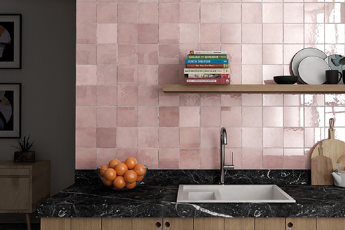 squarerooms pink kitchen backsplash black countertop