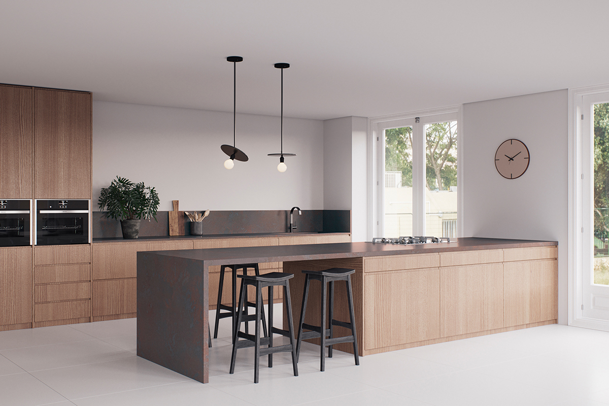 squarerooms caesarstone kitchen dark collection engineered quartz counter surface light wood scandinavian