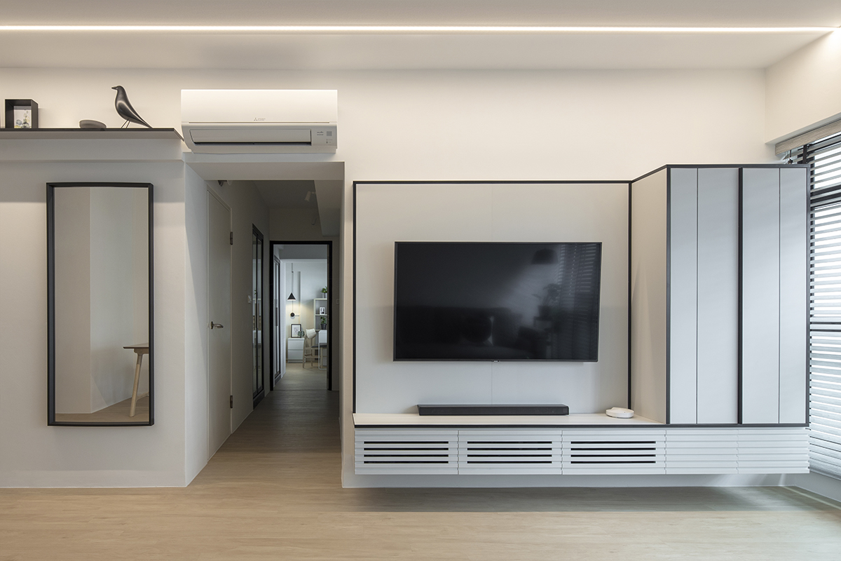 squarerooms d'marvel scale modern minimalist monochromatic black and white home design living room tv