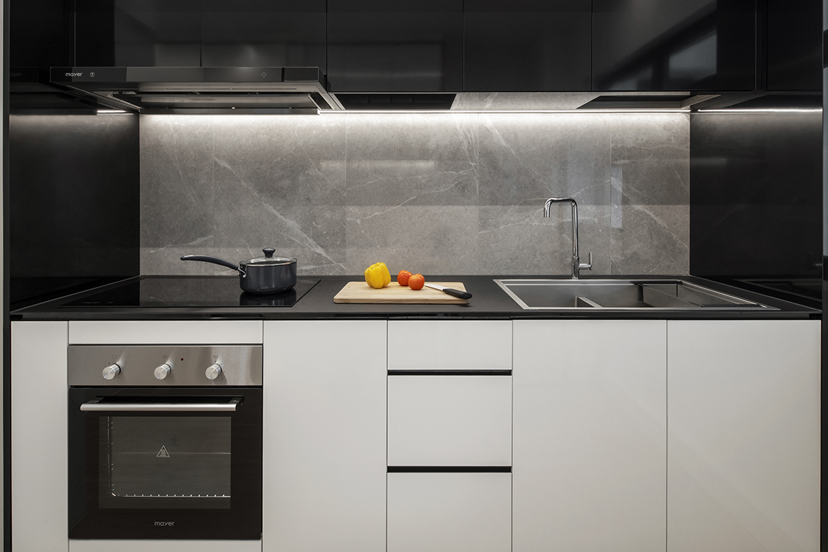 squarerooms d'marvel scale modern minimalist monochromatic black and white home design kitchen cabinets oven
