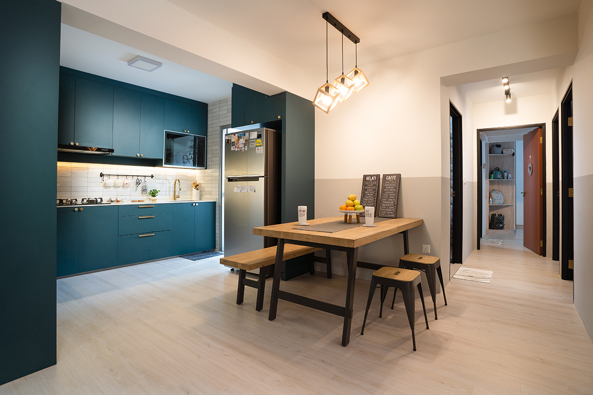 squarerooms hdb renovation minimalist design blue kitchen dining room open space wooden table