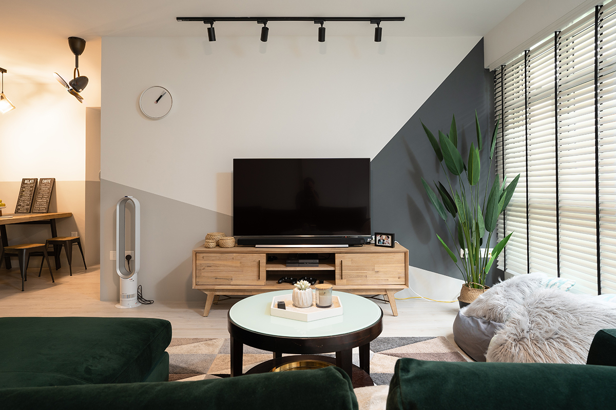 squarerooms hdb renovation minimalist design geometric wall living room monochromatic black white tv console