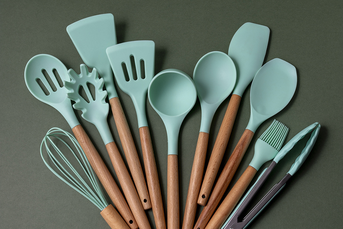 squarerooms cookware kitchen tool set wooden handles silicone tips mint blue green turquoise