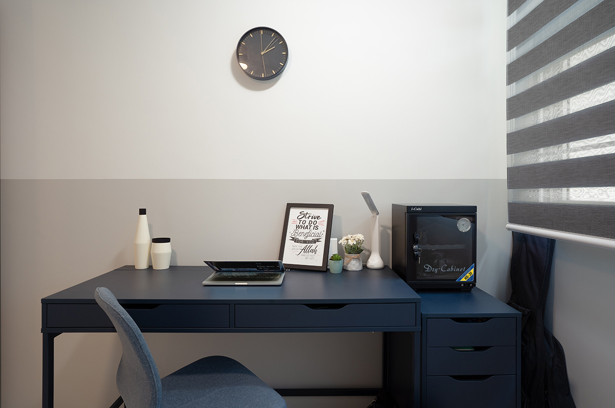 squarerooms hdb renovation minimalist design home office monochromatic black white ikea desk