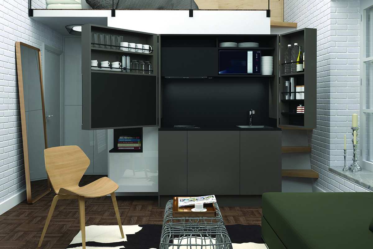 squarerooms customisable compact kitchen spaceman movable dark black unit