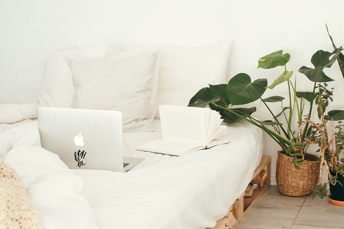 squarerooms Daria Shevtsova bed white sheets minimalist aesthetic instagrammable plant bedroom green laptop
