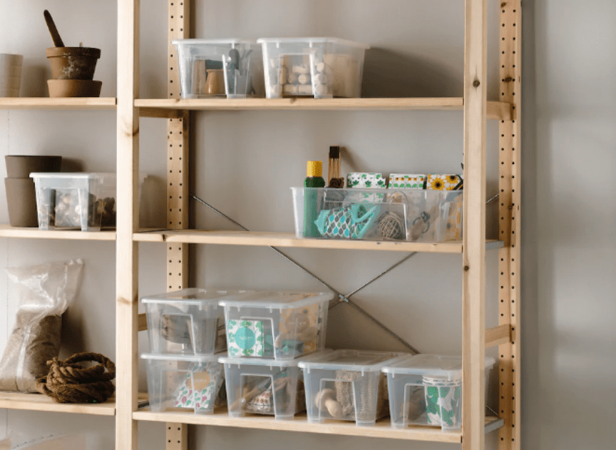 IKEA shelves with transparent boxes