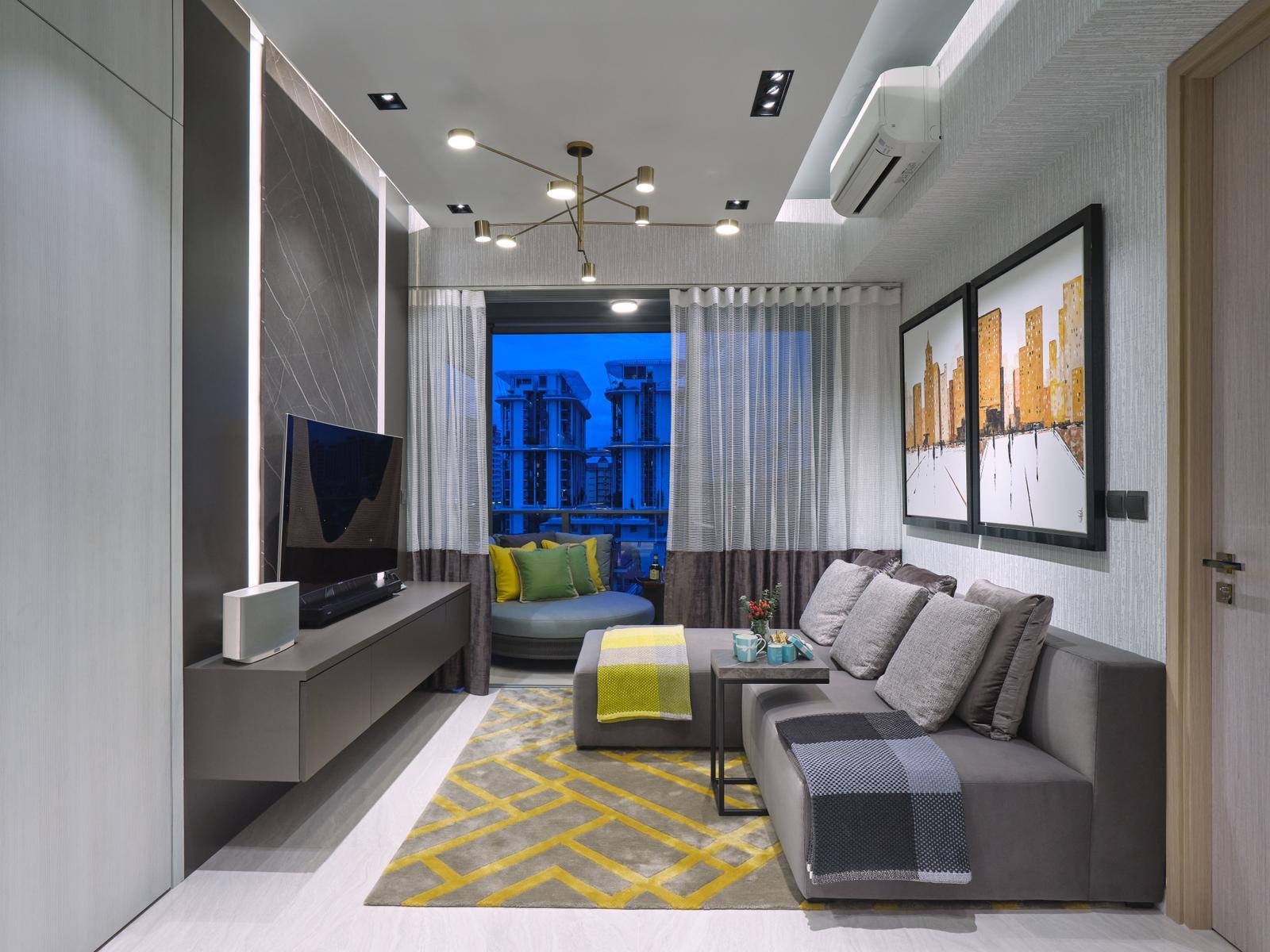 squarerooms spaceone interior design eclectic condominium unit monochromatic bold colourful artwork living room