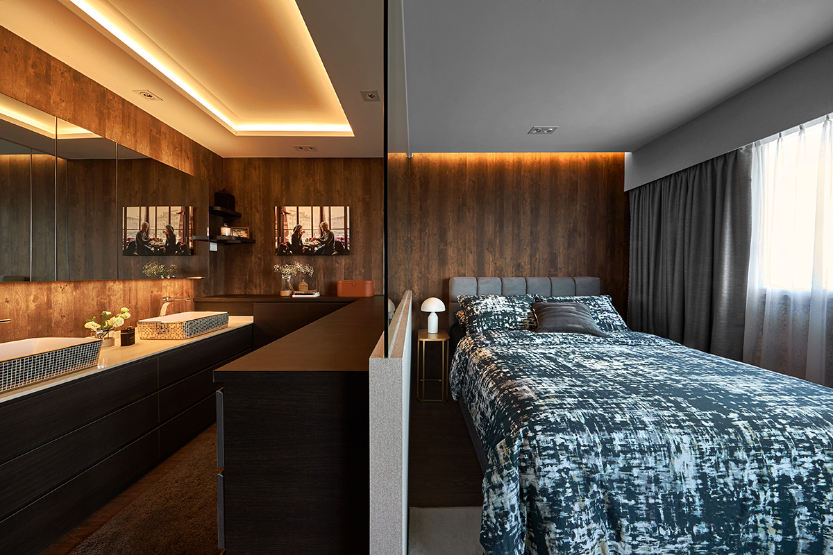squarerooms ideasxchange bedroom bed blue white bedsheets wood rustic dark brown lights