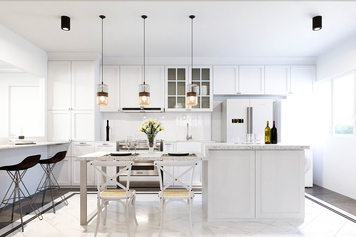 squarerooms fifth avenue interior design resale hdb flat renovation Kitchen white open island pendant lights counter