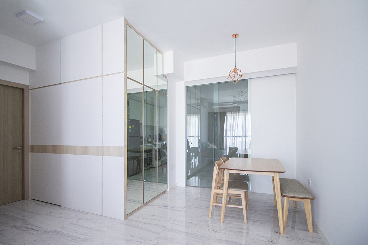 squarerooms noble interior design home renovation 24k budget cost reno bto flat minimalist white dining room mirror hidden storage door