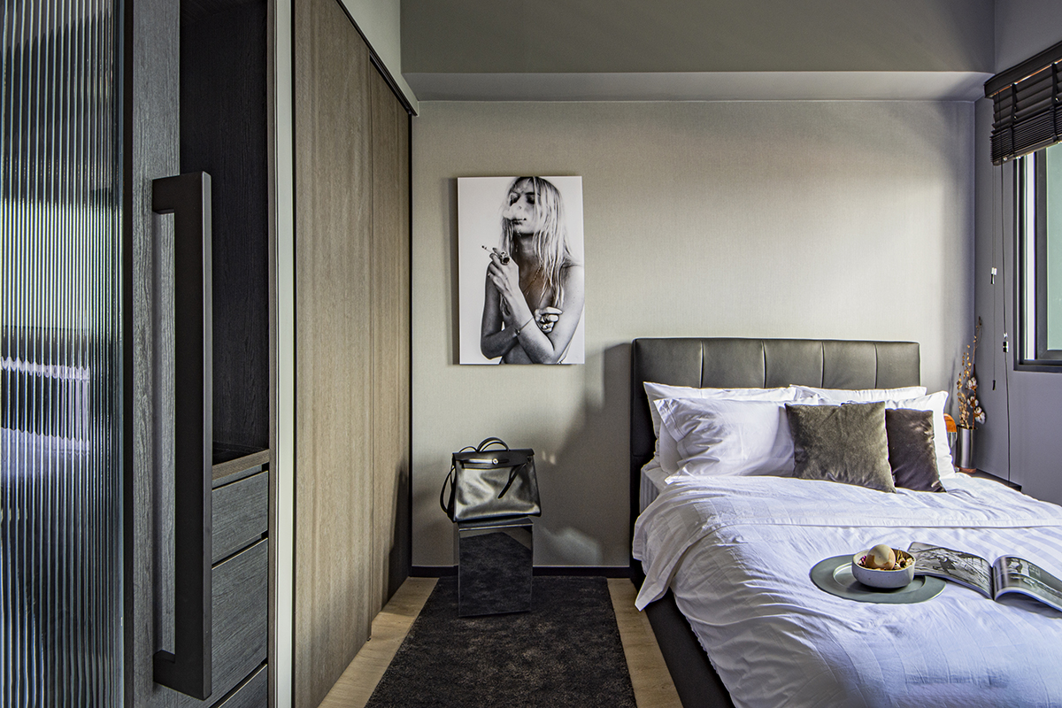 squarerooms distinctidentity home renovation interior design cost budget 20k bedroom minimalist monochromatic dark