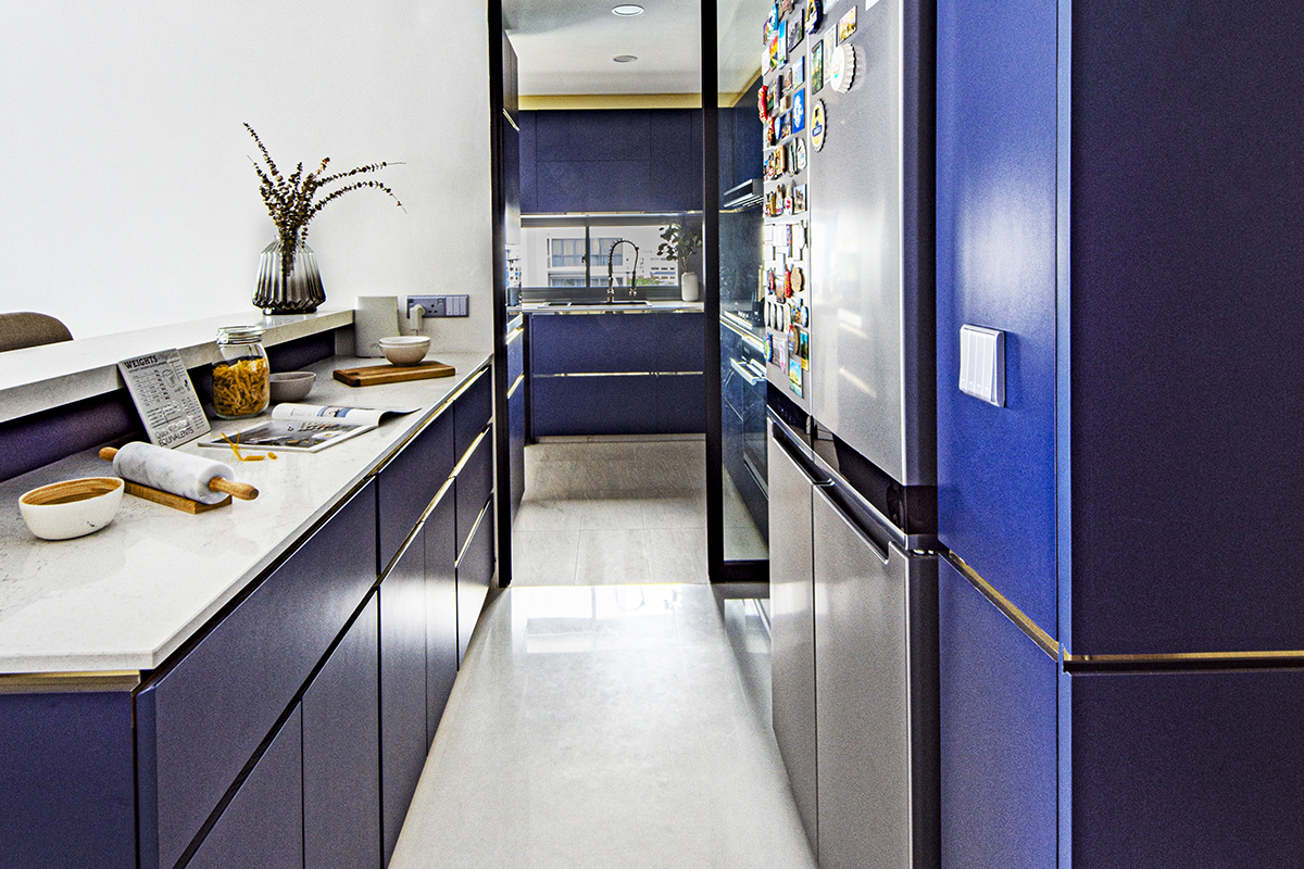 squarerooms distinctidentity modern contemporary condominium condo renovation interior design kitchen blue bold colourful gold bronze