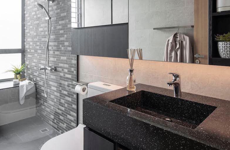squarerooms home philosophy renovation 30K budget cost condo bathroom minimalist monochromatic grey