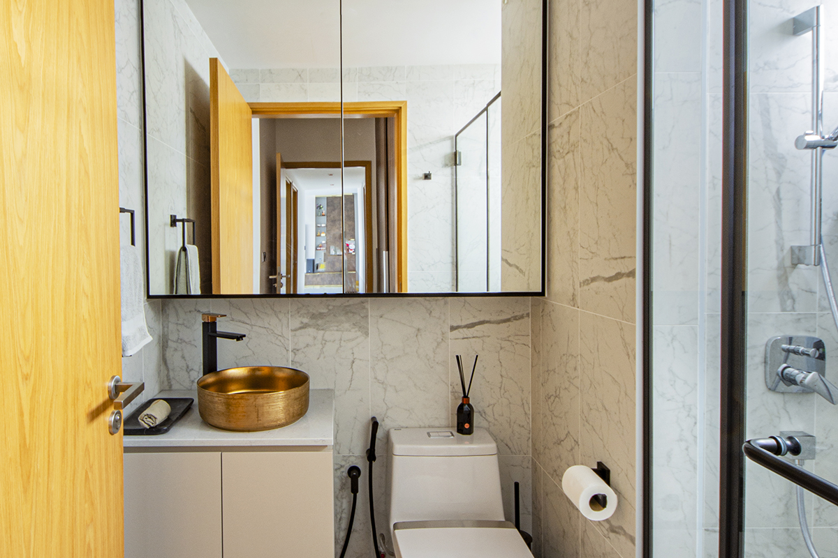 squarerooms distinctidentity modern contemporary condominium condo renovation interior design master main bathroom bronze warm white cream mirror marble