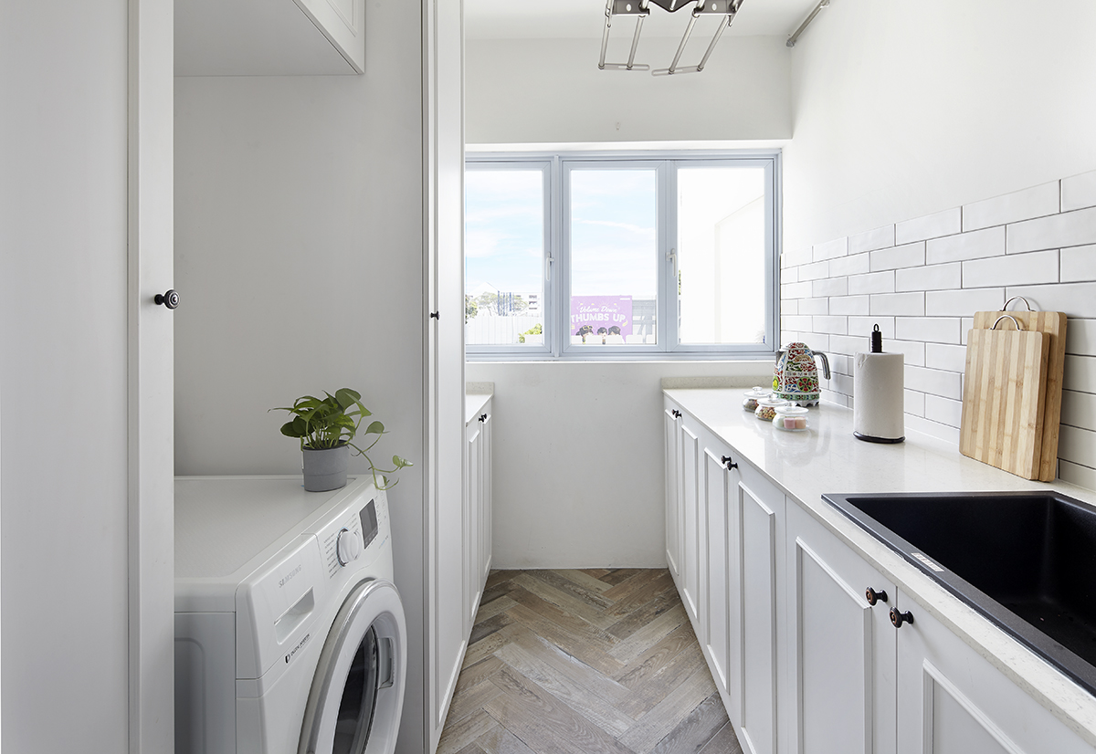 squarerooms Notion of W service yard kitchen all white laundry room countertops