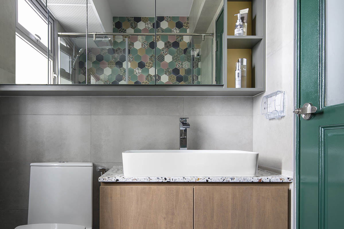 squarerooms versaform home bto hdb 5-room flat renovation interior design bathroom vanity wood light green tiles