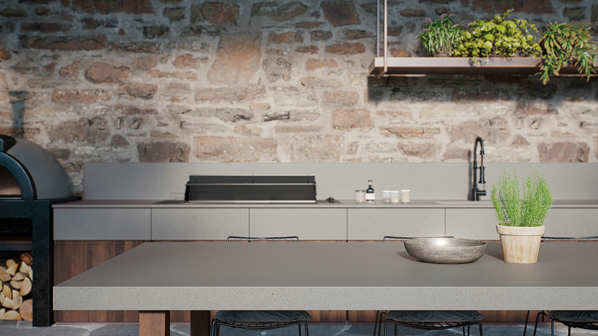 squarerooms caesarstone outdoor engineered quartz surface countertop island outside clearskies brick kitchen grey