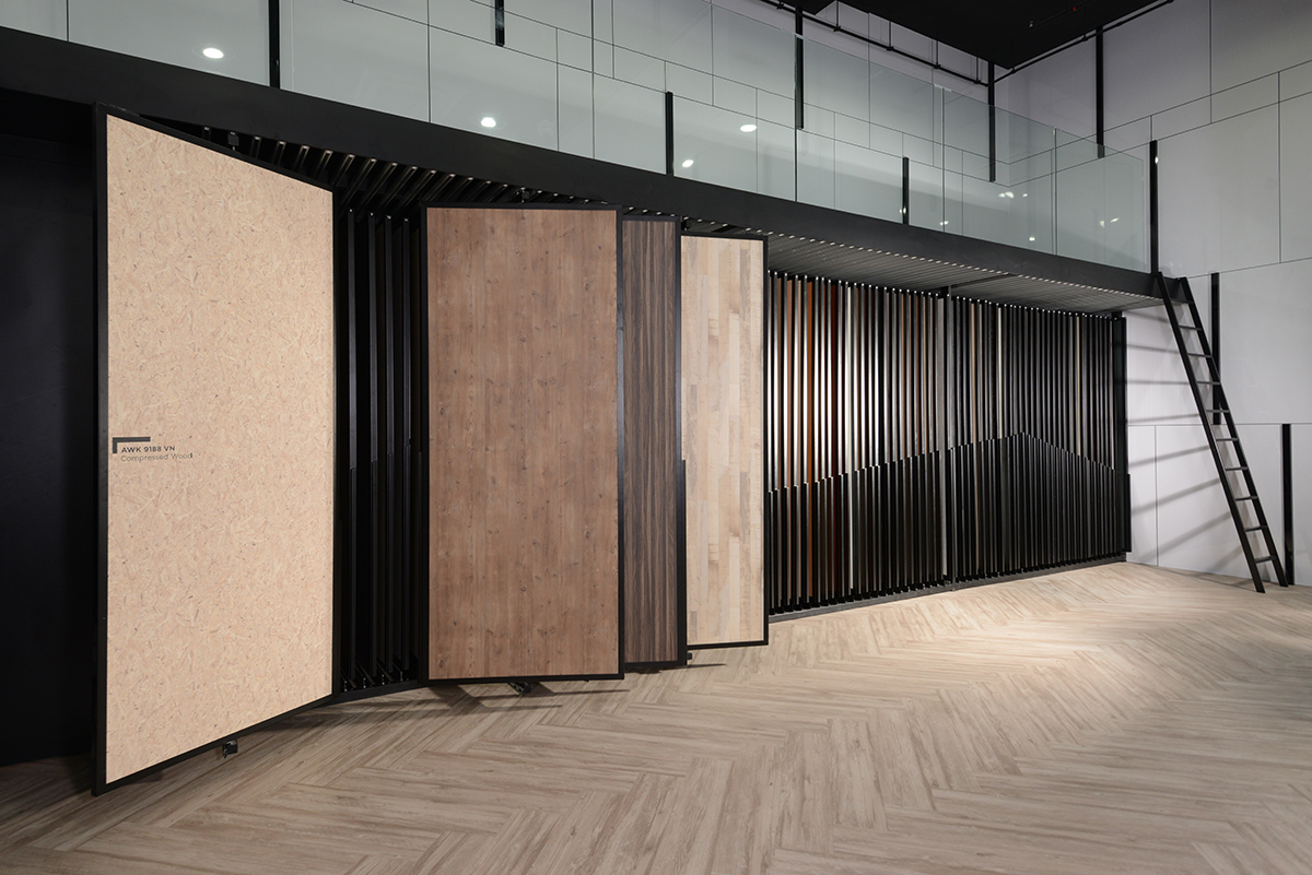 squarerooms arova boxx laminates high pressure avant garde surfaces showroom panel showcase wood textures