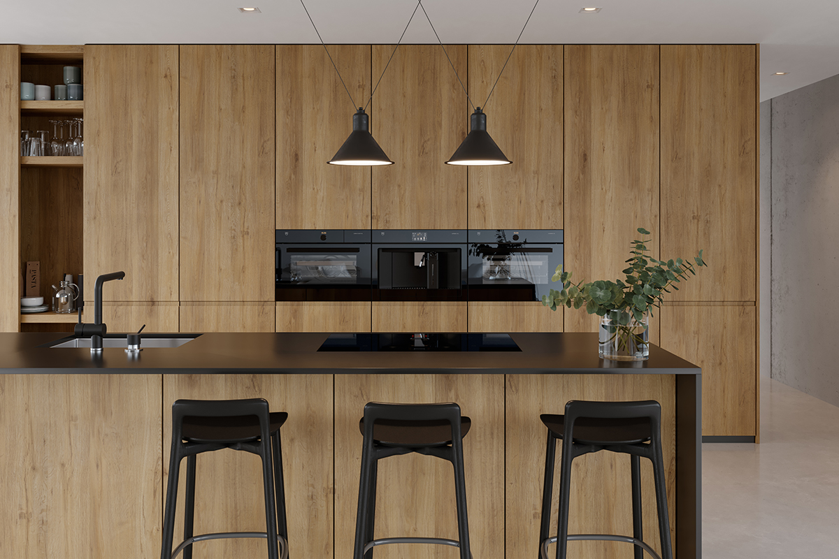 squarerooms v-zug vzug kitchen appliances island wood texture bar stools oven cooker