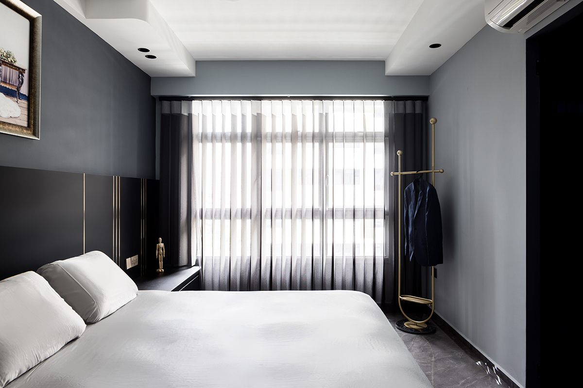 squarerooms jialux interior design home renovation grey monochromatic black white bed bedding bedroom master suite