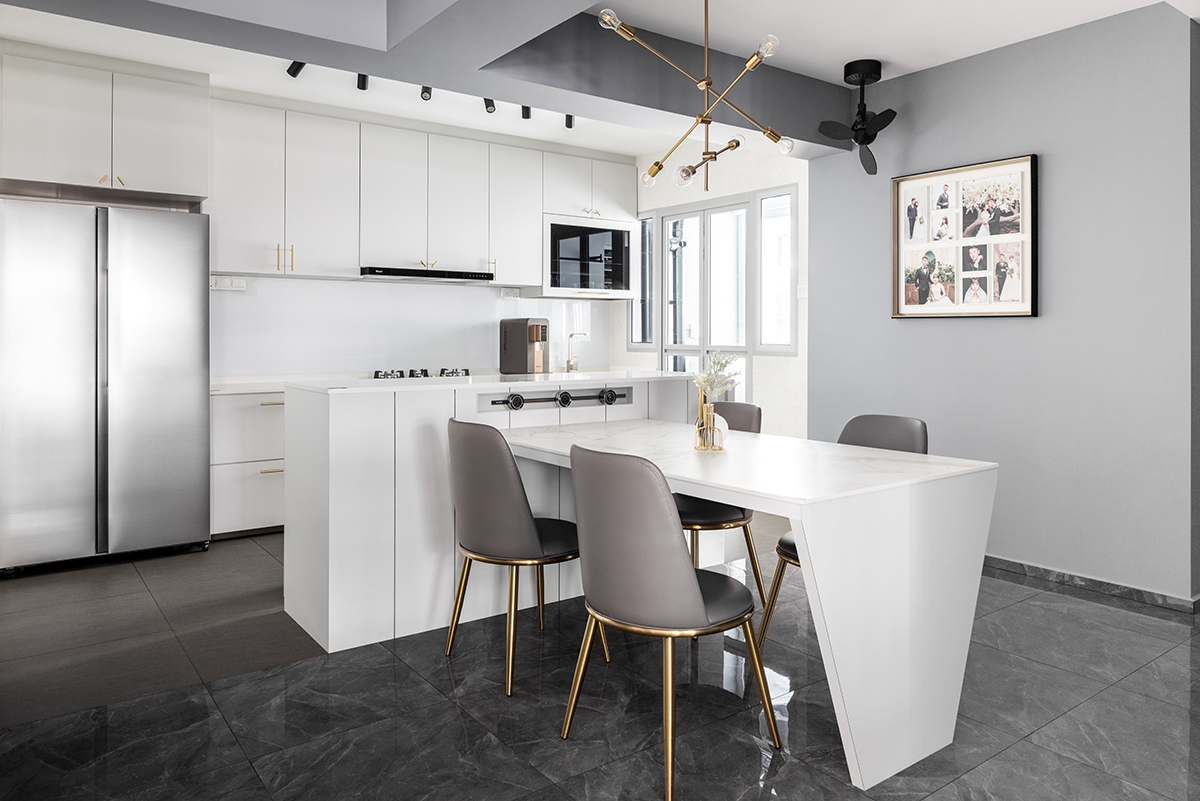 squarerooms jialux interior design home renovation grey monochromatic black white dining room minimalist modern luxe kitchen island