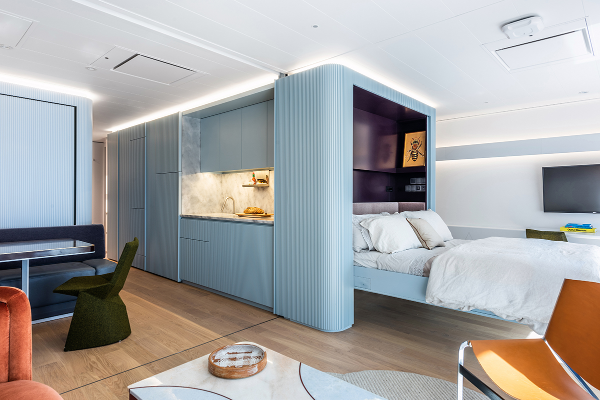 squarerooms mkca michael k chen architecture interior design home renovation house boat residential yacht blue light pale baby contemporary fold-up bed multifunctional