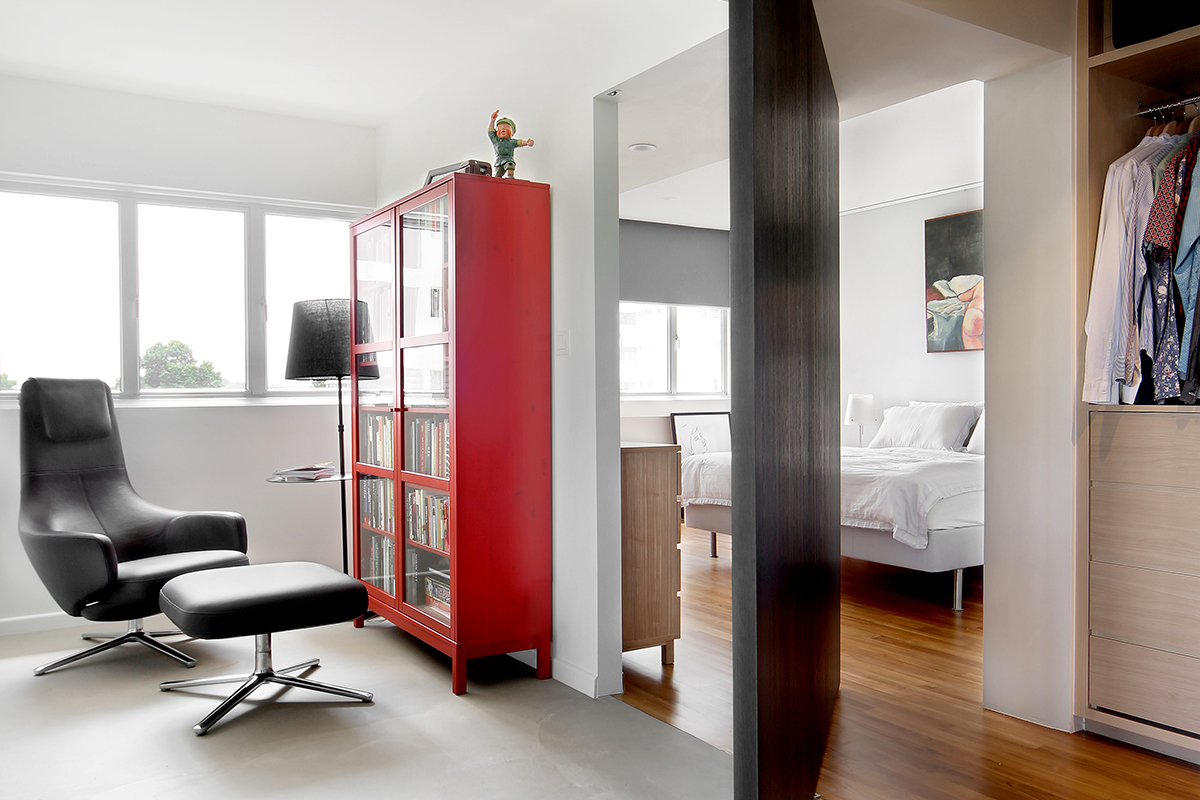 squarerooms brim design home renovation neptune court interior styling makeover cosy inviting warm office bedroom dual double entrance swinging door red shelf