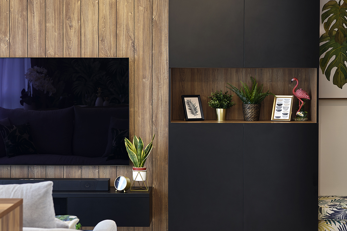 squarerooms cozyspace home renovation hdb 4 room bto flat design feature wall living room tv black wood rustic plants