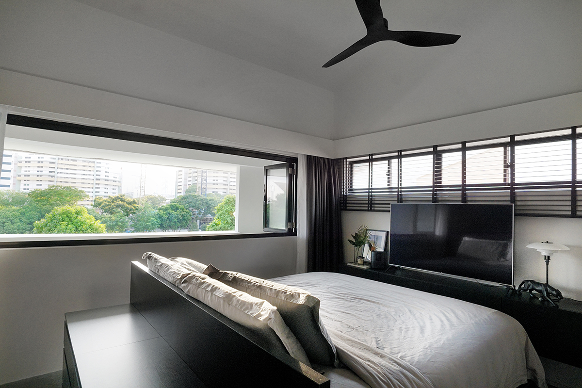 squarerooms versify studio architecture interior design home inspo house tour landed property monochromatic black and white modern bedroom tv bed