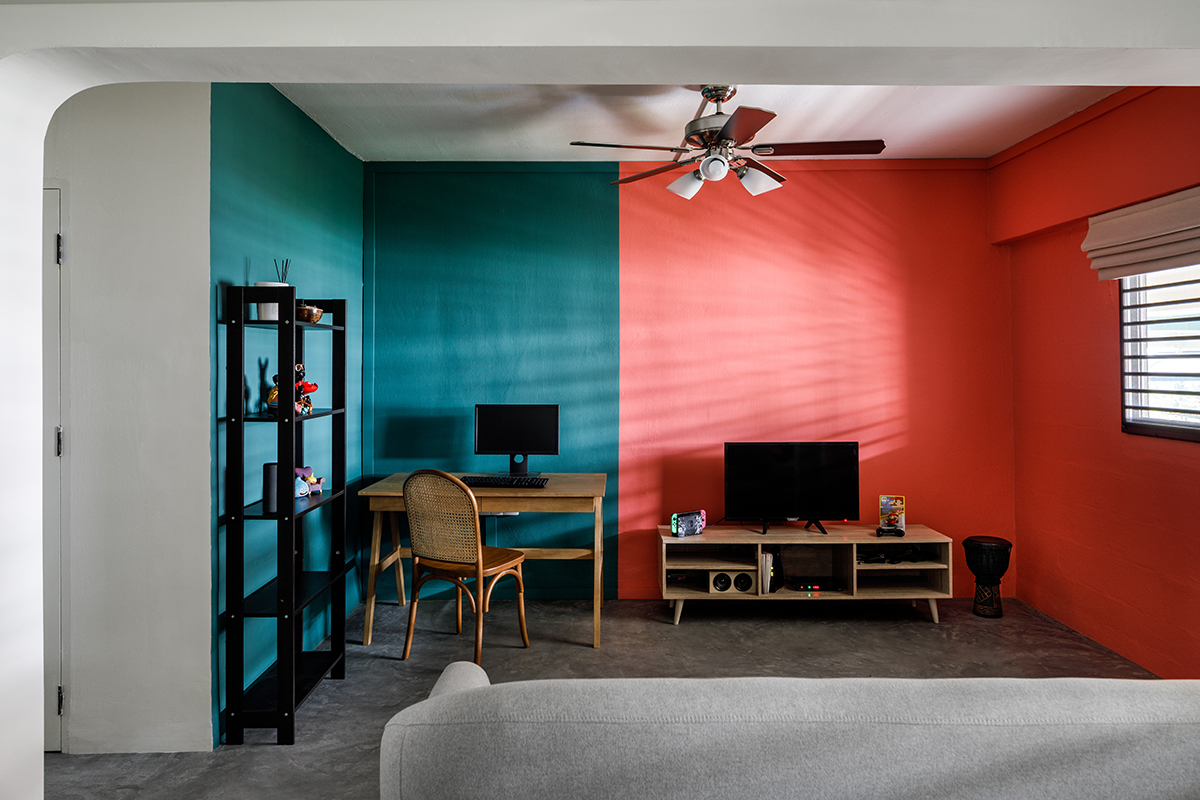squarerooms salt studio budget home renovation 40k resale hdb flat interior design living room red blue colourful feature wall