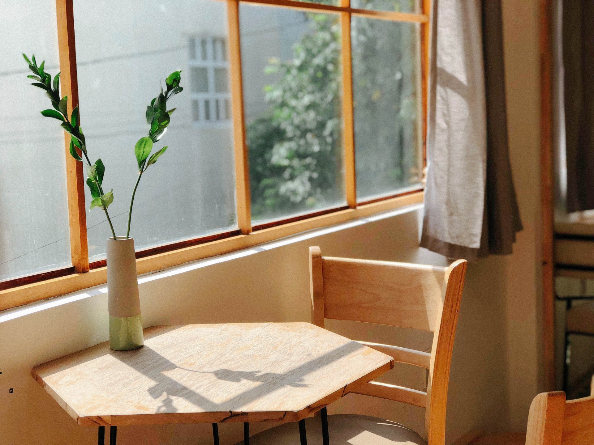 squarerooms unsplash wooden table corner window plant