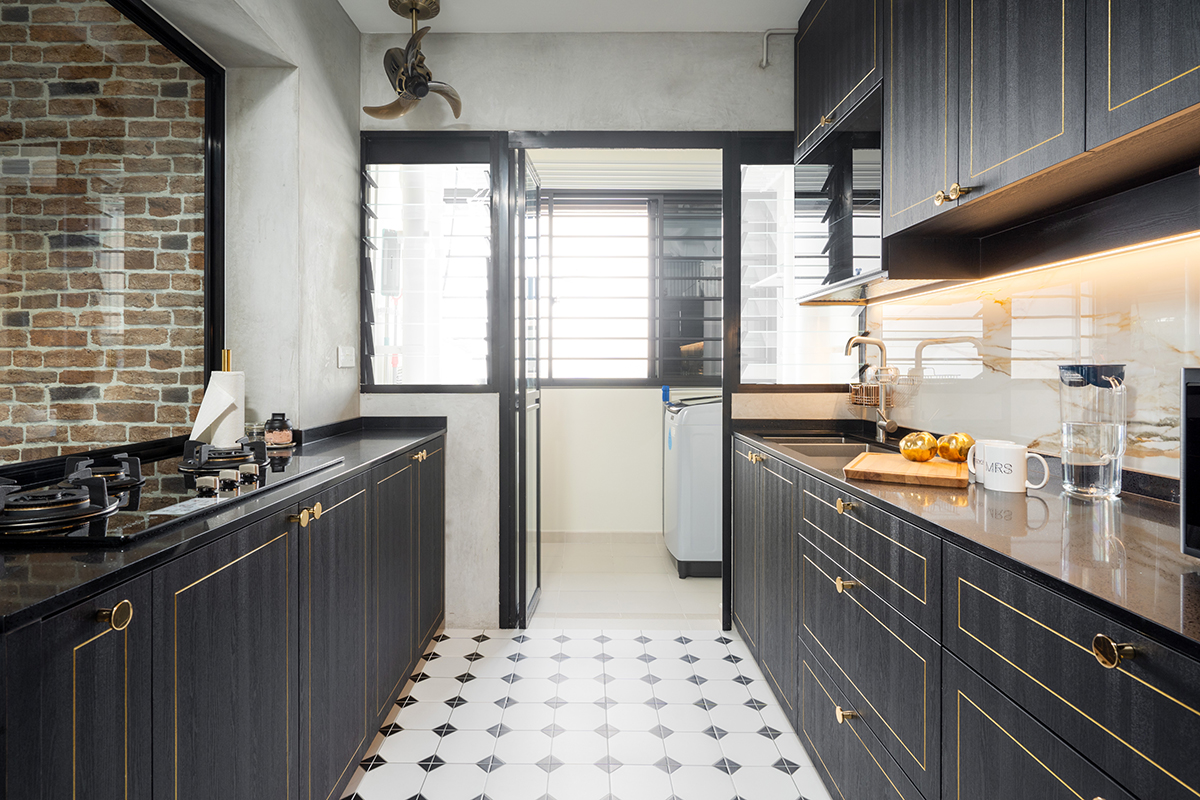 squarerooms cozyspace home renovation hdb bto flat tampines st 61 budget 45k kitchen monochromatic minimalist floor tiles pattern black cabinets