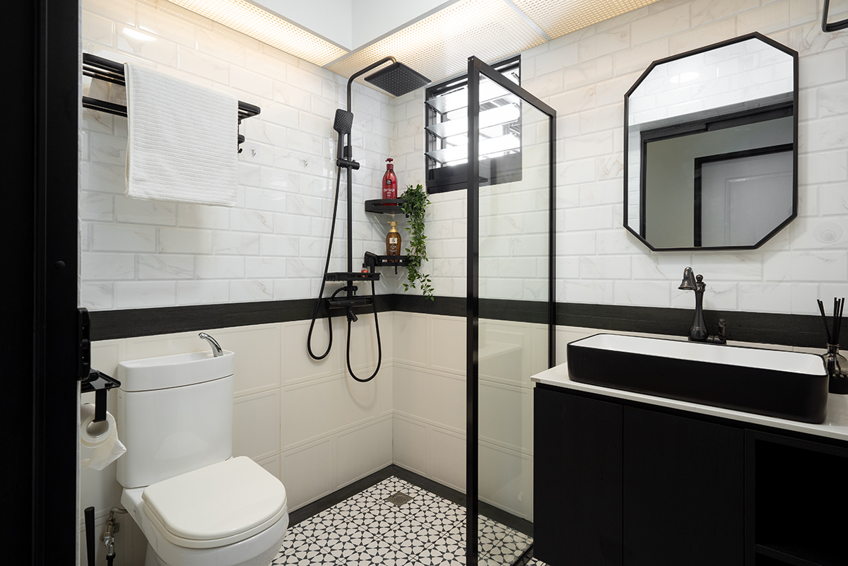 squarerooms cozyspace home renovation hdb bto flat tampines st 61 budget 45k bathroom black and white monochromatic floor tiles pattern