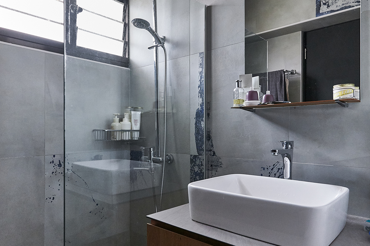 squarerooms ju design studio home budget renovation dark black grey monochromatic industrial bathroom shower sink countertop