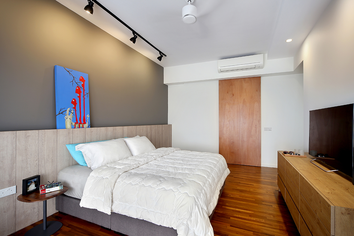 squarerooms brim design bedroom home renovation budget affordable condo makeover wood parquet flooring white bed